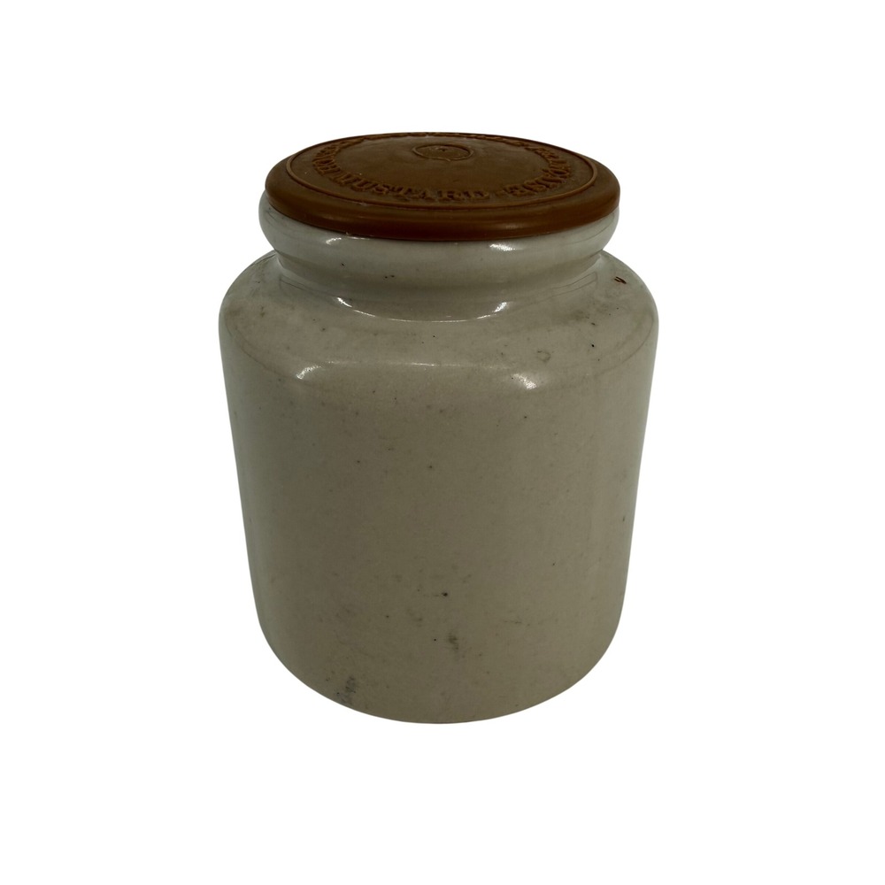 Vintage French Mustard Stoneware Crock Beige Pottery Jar with Brown Lid Cottage